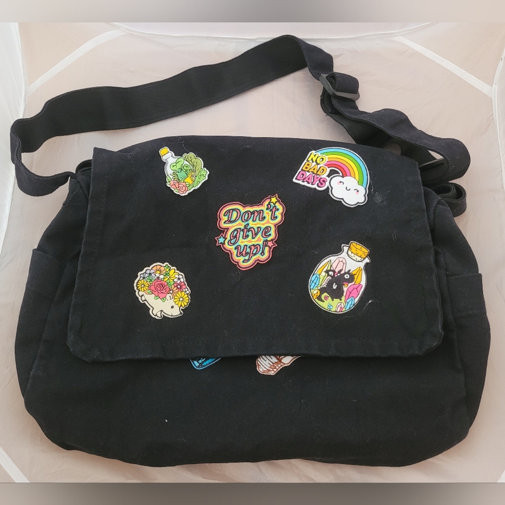 Black Canvas Messenger Bag with Colorful Patches